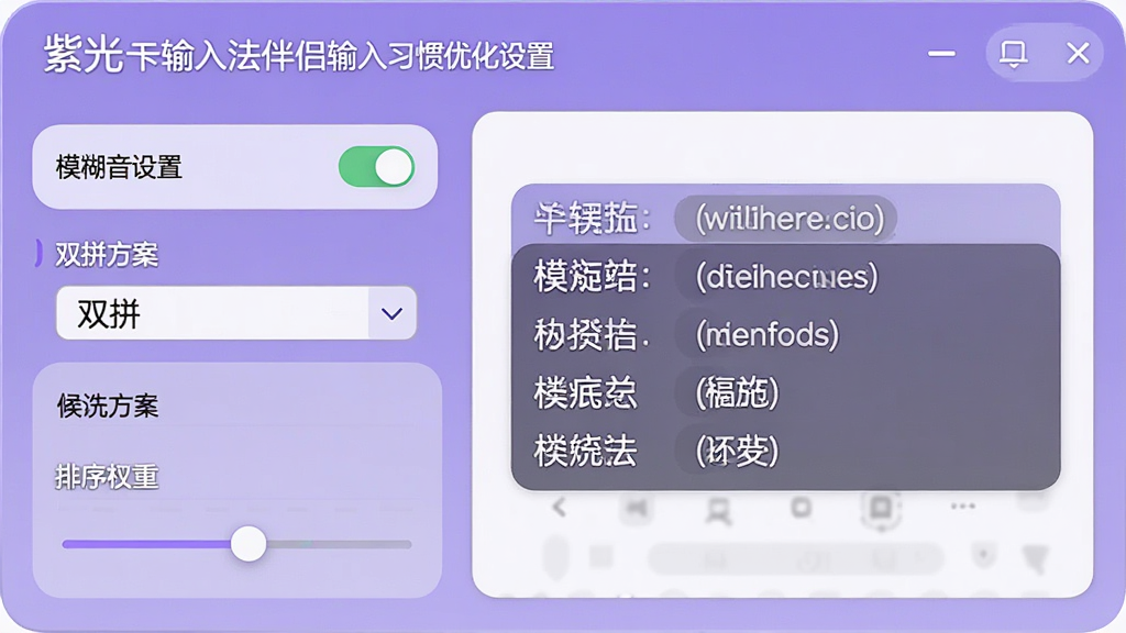 一张展示紫光拼音输入法伴侣输入习惯优化设置界面的图片,主体为设置面板与候选词预览窗口,布局为左侧选项列表与右侧实时预览区域,排版清晰直观,风格为柔和圆角现代风,细节包括“模糊音设置”开关、“双拼方案”下拉菜单、候选词排序权重滑块,画质为高清、干净、无多余元素