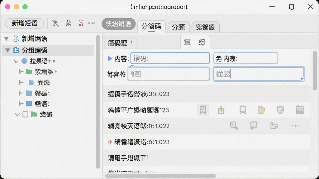 一张展示紫光拼音输入法伴侣快捷短语定制界面的图片,主体为短语编辑窗口与分组管理面板,布局为左侧分组树与右侧短语列表,排版规整,风格为素雅极简风,细节包括“新增短语”按钮、简码与内容对应输入框、分组标签页,画质为高清、干净、无多余元素
