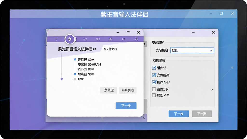一张展示紫光拼音输入法伴侣安装与配置流程的图片,主体为电脑屏幕上的安装向导与设置界面,布局为步骤指示条与操作按钮,排版清晰,风格为扁平化科技风,细节包括“下一步”按钮、安装路径选择框、组件勾选列表,画质为高清、干净、无多余元素