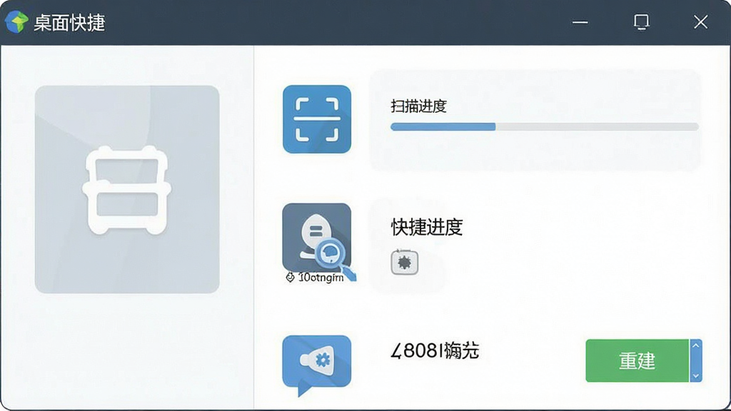 一张软件功能展示图,画面主体为“桌面快捷”软件界面,布局为左侧扫描按钮右侧快捷方式列表,排版上下结构清晰,风格为扁平化设计,细节包括扫描进度条、图标缩略图、重建按钮,画质高清,干净,无多余元素