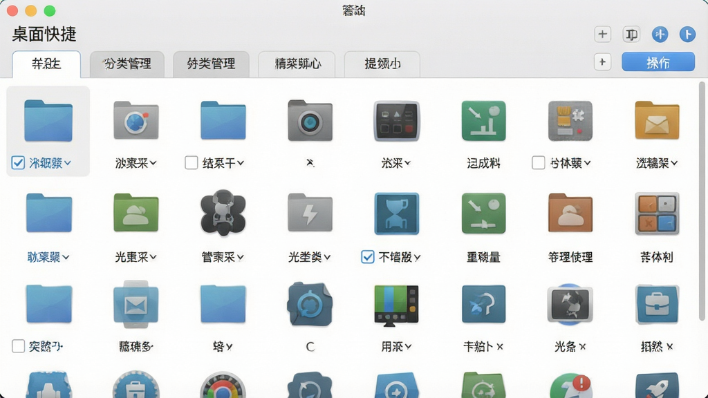 一张桌面图标管理界面图,画面主体为“桌面快捷”软件的分类管理面板,布局为顶部标签栏下方图标网格,排版整齐,风格为清爽浅色,细节包括分类标签、图标复选框、操作按钮,画质高清,干净,无多余元素