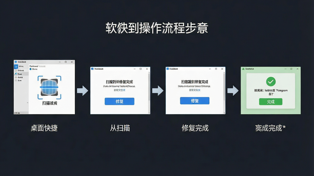 一张软件操作流程图,画面主体为“桌面快捷”软件从扫描到修复完成的步骤示意,布局为横向流程箭头连接四个操作界面,排版清晰有序,风格为简约商务,细节包括扫描图标、修复按钮、完成提示,画质高清,干净,无多余元素
