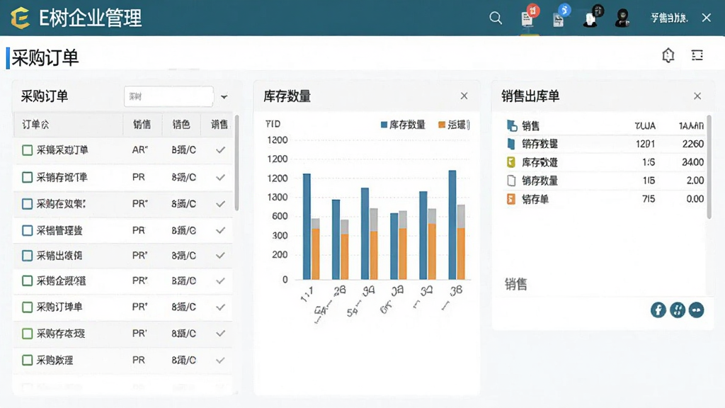 一张展示E树企业管理软件(ERP系统)进销存管理模块的图片,画面左侧是采购订单列表,中间是库存数量图表,右侧是销售出库单,界面元素清晰可见,风格简洁专业,画质清晰,干净,无多余元素