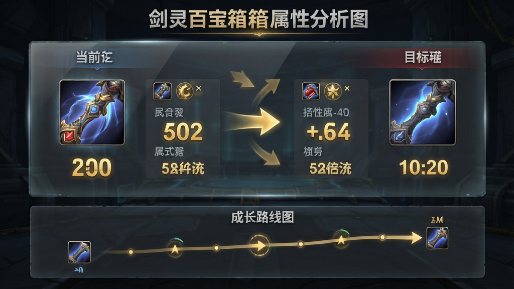 一张展示剑灵百宝箱装备属性分析功能的图片,画面中央是一个装备属性对比面板,左侧展示当前装备,右侧展示目标装备,中间用箭头连接显示属性差异,面板下方有成长路线图,布局为上下结构,排版清晰,风格为数据可视化风格,细节上面板采用半透明玻璃质感,数字用金色高亮显示,画质高清,干净,无多余元素