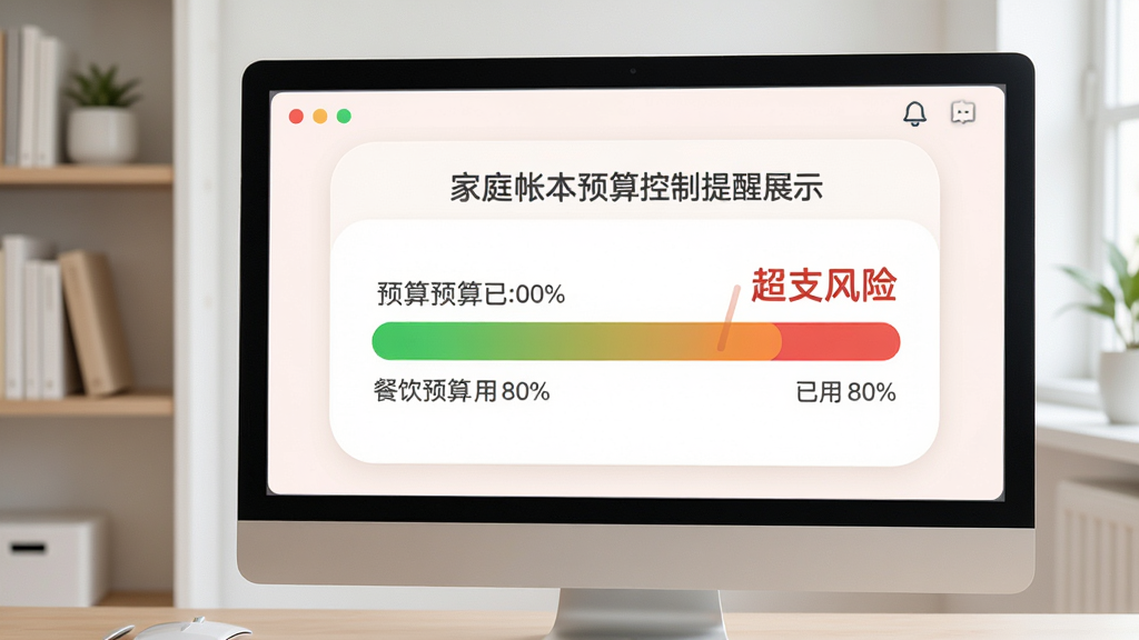 家庭帐本预算控制提醒功能展示,电脑屏幕上显示预算进度条,标注餐饮预算已用80%,颜色由绿变红提示超支风险,界面风格柔和圆角,背景是简约书房,画质清晰,无多余元素