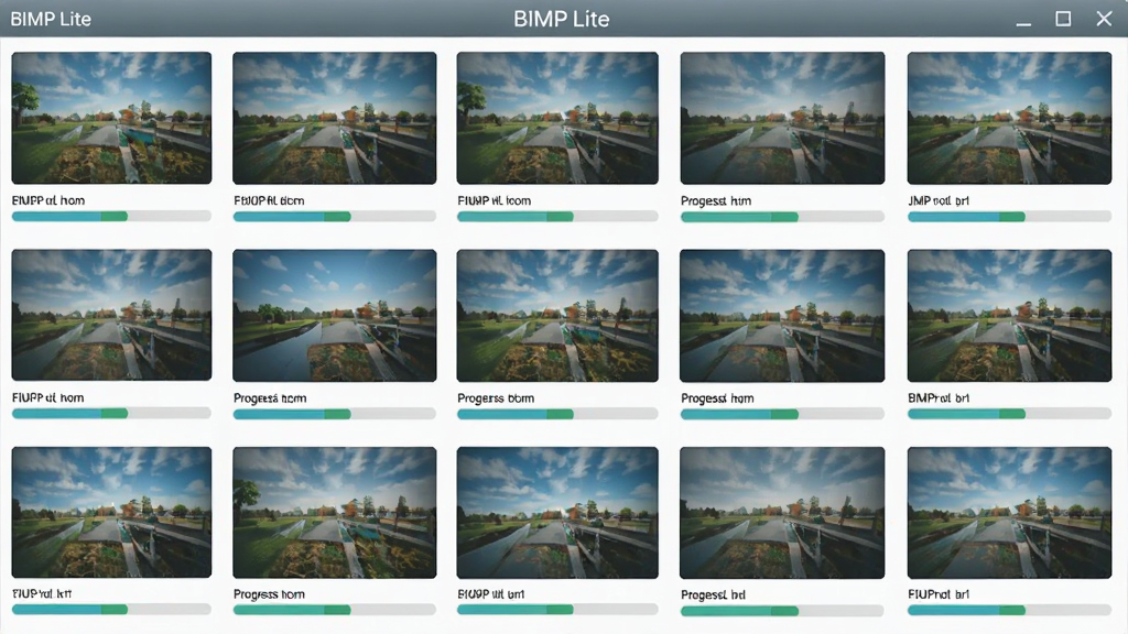 一张展示 BIMP Lite 批量处理功能的示意图,画面中多张图片以网格形式排列,每张图片下方带有处理进度条,软件名称“BIMP Lite”显示在界面顶部,风格简洁明快,画质清晰,干净无多余元素