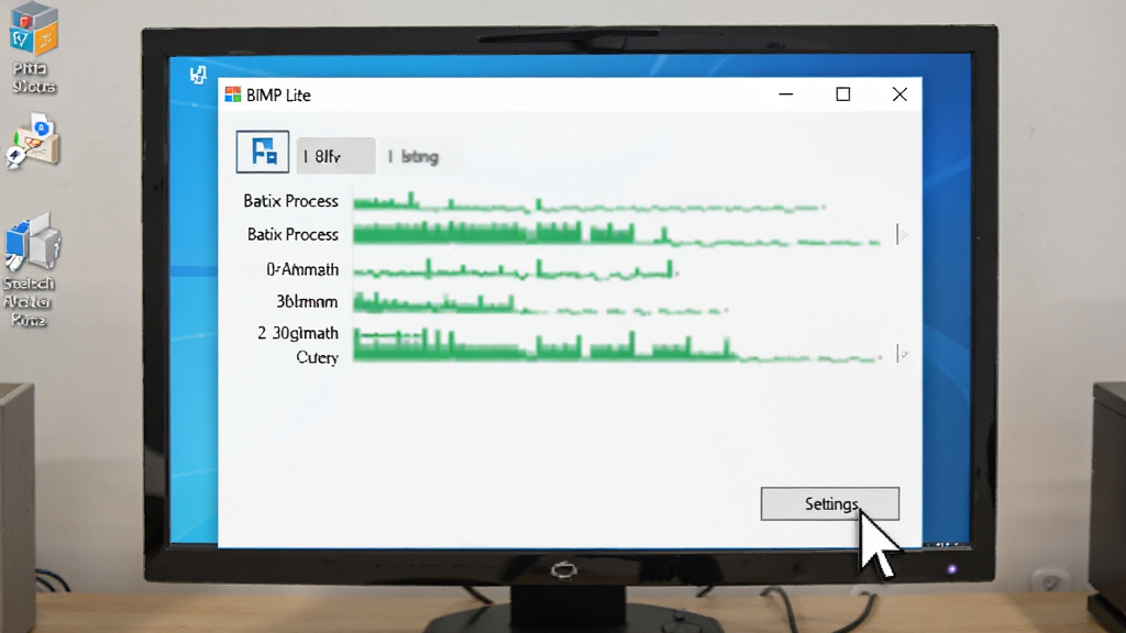 一张展示 BIMP Lite 在 Windows 电脑上运行的操作场景图,画面中软件窗口显示批量处理进度,旁边有鼠标指针正在点击设置按钮,背景是整洁的电脑桌面,风格写实,画质清晰,干净无多余元素