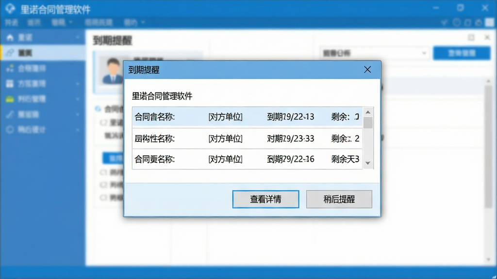 一张展示里诺合同管理软件到期预警提醒窗口的图片,画面中央是一个弹窗,弹窗标题为