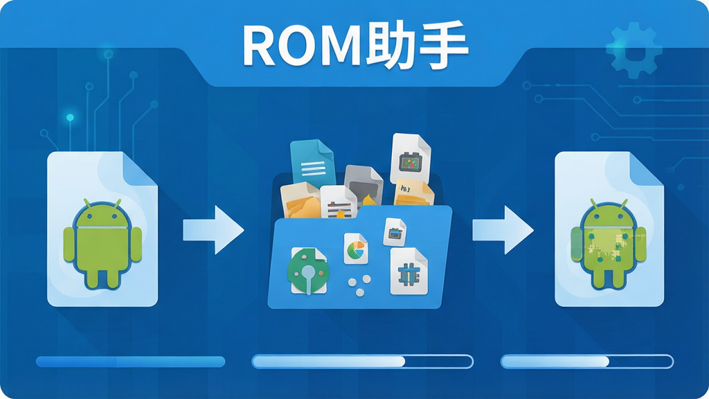 一张展示ROM助手解包打包功能的示意图,画面左侧是一个安卓镜像文件图标,中间有箭头指向一个打开的文件夹,文件夹中散落着各种系统文件图标,右侧有箭头指向重新打包后的镜像文件,画面顶部有“ROM助手”文字标识,整体风格为科技蓝扁平化设计,布局从左到右呈流程式排列,细节包括文件图标、箭头和进度条,画质高清,干净无多余元素