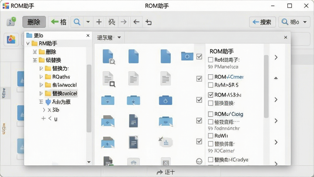 一张展示ROM助手内置文件管理器的界面图,画面中央是文件列表窗口,左侧为目录树结构,右侧显示文件详细信息,顶部有“ROM助手”标题栏,界面中有删除、替换、搜索等操作按钮,背景为浅灰色工作区,风格为简洁商务风,细节包括文件图标、复选框和排序箭头,画质高清,干净无多余元素