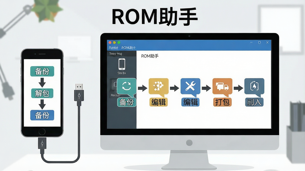 一张展示ROM助手新手操作流程的示意图,画面中央是电脑屏幕显示ROM助手界面,左侧有手机通过USB连接,屏幕上有箭头指示“备份”“解包”“编辑”“打包”“刷入”五个步骤,画面顶部有“ROM助手”文字,背景为简洁办公桌面,风格为扁平化教程图,细节包括手机图标、数据线和步骤标签,画质高清,干净无多余元素