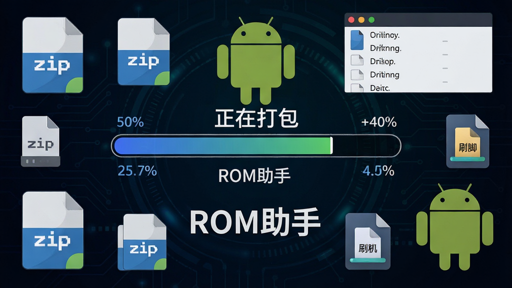 一张展示ROM助手制作卡刷包过程的示意图,画面中央是一个进度条显示“正在打包”,下方有“ROM助手”文字,周围环绕着zip压缩包图标和安卓机器人,背景为深色渐变科技风,布局为居中对称式,细节包括进度百分比、文件列表和刷机脚本图标,画质高清,干净无多余元素