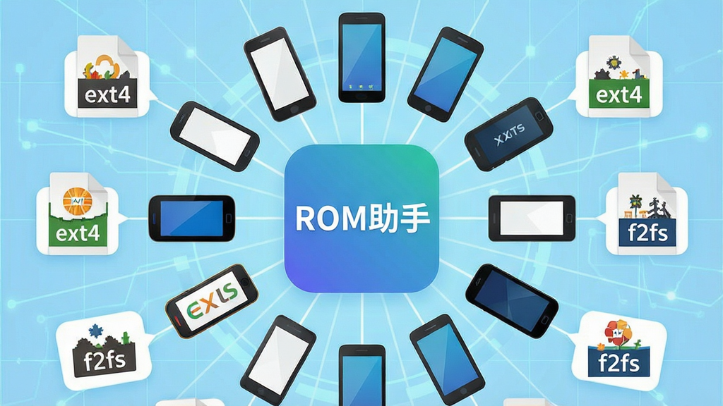 一张展示ROM助手多格式兼容特性的示意图,画面中央是“ROM助手”软件图标,四周环绕着不同品牌手机图标和文件格式标签,如ext4、erofs、f2fs等,背景为浅蓝色科技网格,布局为放射状排列,风格为扁平化信息图,细节包括品牌logo和格式文字,画质高清,干净无多余元素
