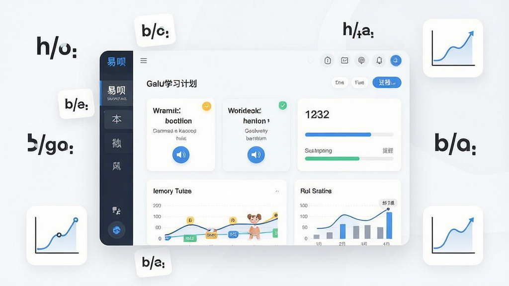 一张展示易呗背单词软件主界面的高清预览图,画面中心是软件主界面,界面显示每日学习计划、单词卡片和进度条,周围环绕着英语单词、音标符号、记忆曲线图标等元素,布局简洁清晰,排版以软件界面截图为主体,风格现代教育科技风,细节包含单词本、发音按钮、复习提醒、学习统计图表,画质高清,干净,无多余元素。