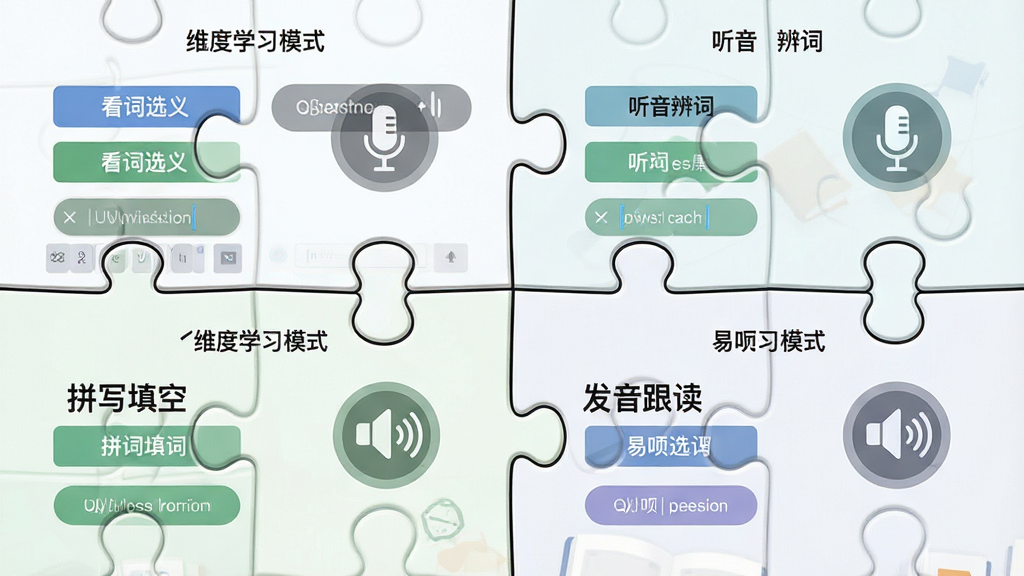 一张展示易呗背单词多维度学习模式的拼图式图片,画面分为四个区域分别展示看词选义、听音辨词、拼写填空、发音跟读四种模式界面,布局为四宫格,排版均衡,风格为现代简约教育风,细节包含选项按钮、麦克风图标、键盘输入框、扬声器图标,画质高清,干净,无多余元素。