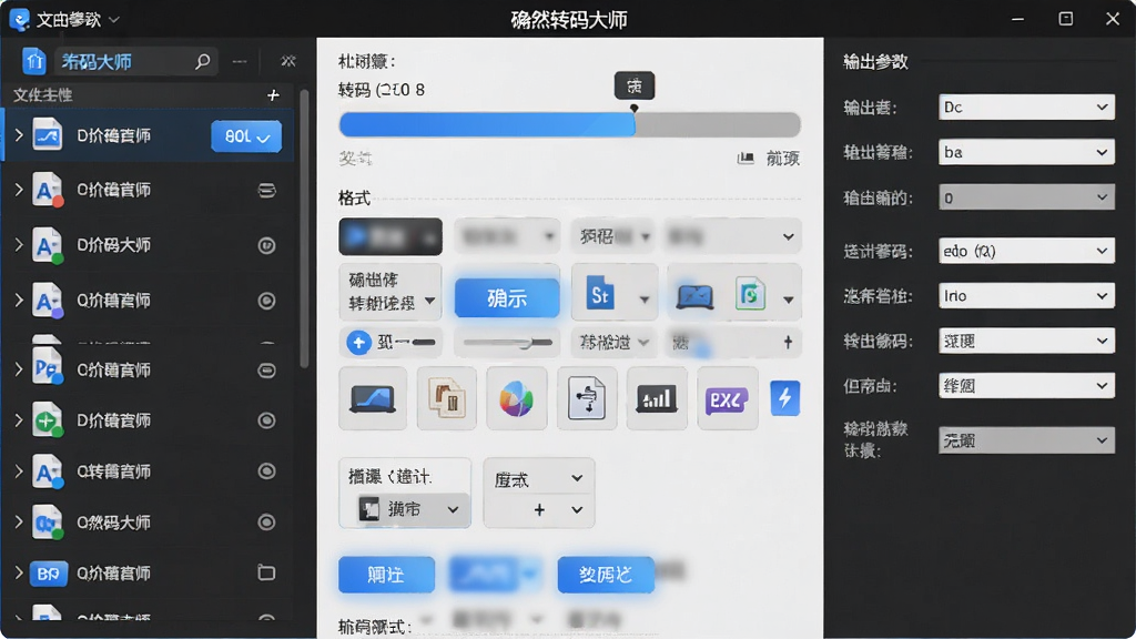 确然转码大师软件主界面,中央为视频转码进度条与格式选择面板,左侧为文件列表,右侧为输出参数设置区,布局清晰,排版简洁,风格为现代科技感,细节包含蓝色高亮按钮与格式图标,画质高清,干净,无多余元素