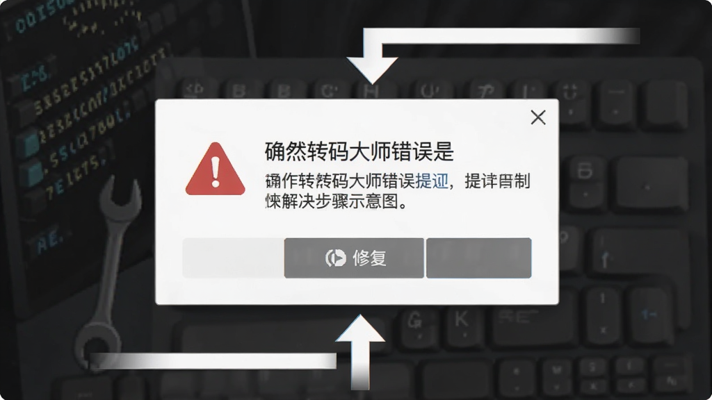 确然转码大师错误提示弹窗与解决步骤示意图,主体为弹窗与操作箭头,布局居中,排版清晰,风格扁平化,细节包含红色警告图标与修复按钮,画质高清,干净,无多余元素