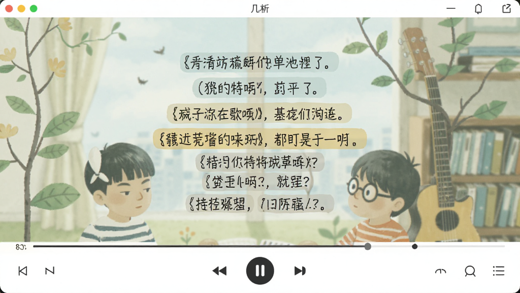 一张几米听(单机版)歌词同步显示功能的截图风格图片,主体是播放器界面中央显示着几米音乐歌词,歌词逐行高亮,布局为歌词居中、播放控制在下,排版简洁,风格为文艺清新风,细节包括歌词字体、高亮行、背景插画,画质高清,干净,无多余元素