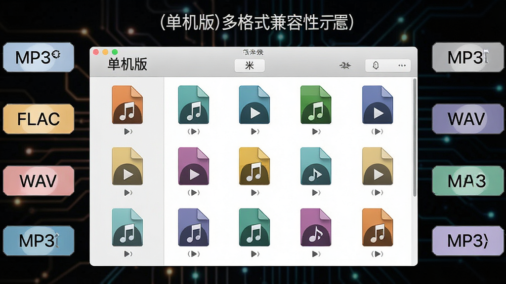 一张展示几米听(单机版)多格式兼容特性的示意图,主体是软件界面中多个不同格式的音频文件图标整齐排列,布局为文件列表居中,周围环绕着MP3、FLAC、WAV等格式标签,排版清晰有序,风格为科技简约风,细节包括格式图标和播放按钮,画质高清,干净,无多余元素