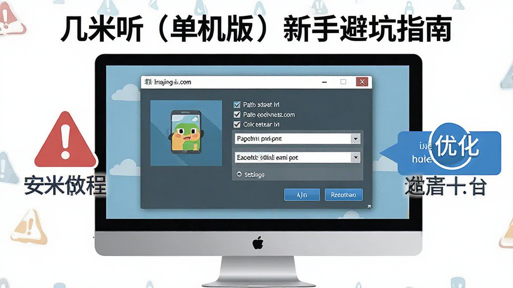 一幅展示几米听(单机版)新手避坑指南的示意图,主体是电脑屏幕上显示软件安装界面和设置选项,布局为安装向导窗口居中,旁边有红色警示图标和蓝色优化提示,排版清晰,风格为教程说明风,细节包括勾选框、路径选择、按钮,画质高清,干净,无多余元素