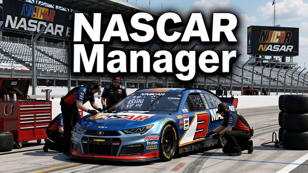 一辆NASCAR赛车停在赛道维修区,车队工作人员围绕赛车进行调校,背景是大型赛车场看台和广告牌,画面中央上方用白色粗体字写着