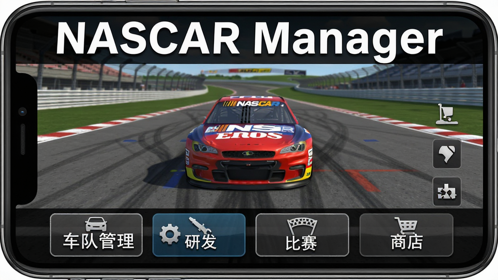 一个手机屏幕显示NASCAR Manager游戏主界面,画面中有赛车停在赛道上,界面下方有多个功能按钮,包括“车队管理”“研发”“比赛”“商店”,画面顶部用白色字体写着