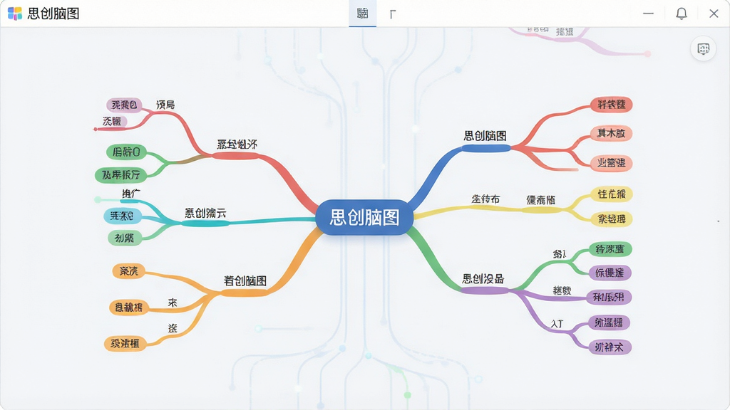 一张干净简洁的软件界面展示图,画面中央是思创脑图的思维导图编辑区域,主体为一个中心节点向四周延伸出多条彩色分支,每个分支上有简短的文字标签,布局采用居中构图,排版清晰有序,风格为现代扁平化科技风,细节上节点圆润、连线柔和、背景为浅灰白色,画质高清,干净无多余元素,画面中带有“思创脑图”字样