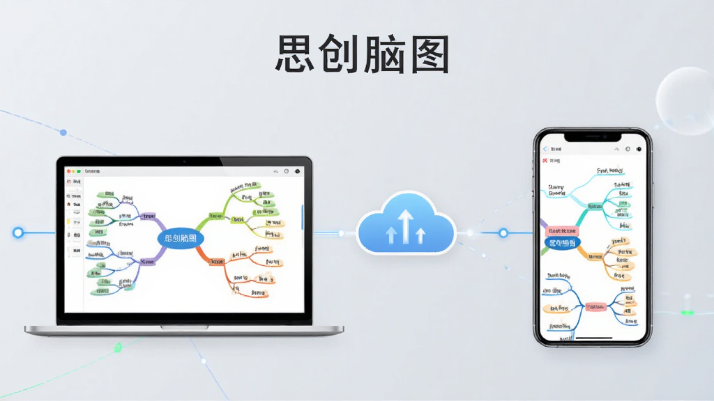一张表现思创脑图云端同步功能的示意图,画面主体是一台笔记本电脑与一部手机通过云朵图标相连,布局为左右对称构图,风格简约科技感,细节上设备屏幕均显示思维导图界面,画质高清,干净无多余元素,画面中带有“思创脑图”字样