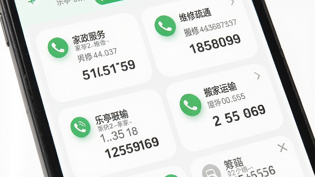 乐亭通应用内便民电话查询界面,手机屏幕显示分类列表如家政服务、维修疏通、搬家运输等,每个分类下有对应商家电话,背景为白色,主体为手机界面特写,排版为分类网格布局,风格为清新浅色系,细节包括绿色电话图标、灰色文字说明、圆角卡片,画质高清干净无多余元素