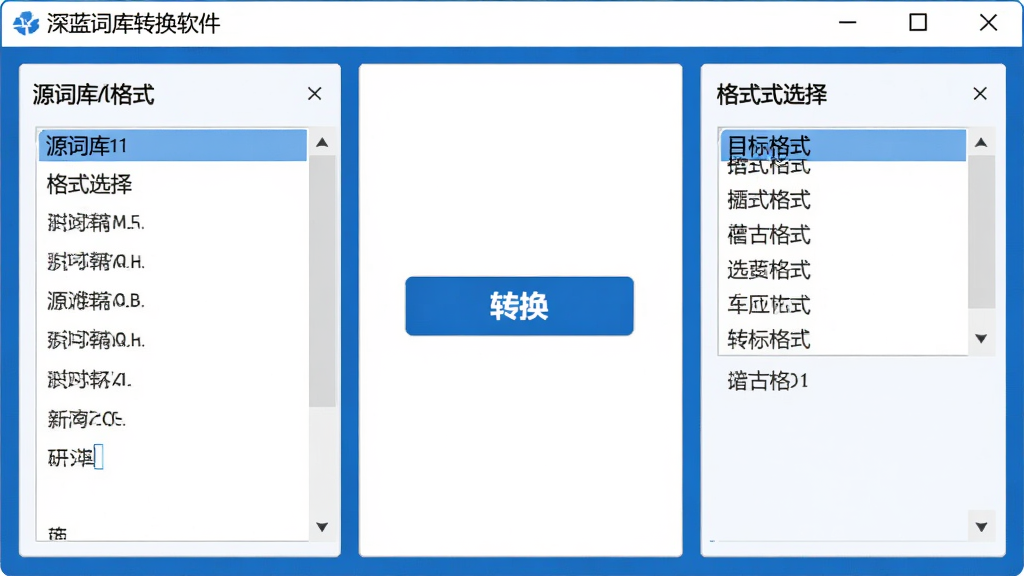 深蓝词库转换软件主界面预览图,画面中央展示软件窗口,左侧为源词库格式选择列表,右侧为目标格式选择区域,中间有转换按钮,整体布局简洁清晰,采用蓝白配色风格,界面文字为中文,画质清晰,干净无多余元素