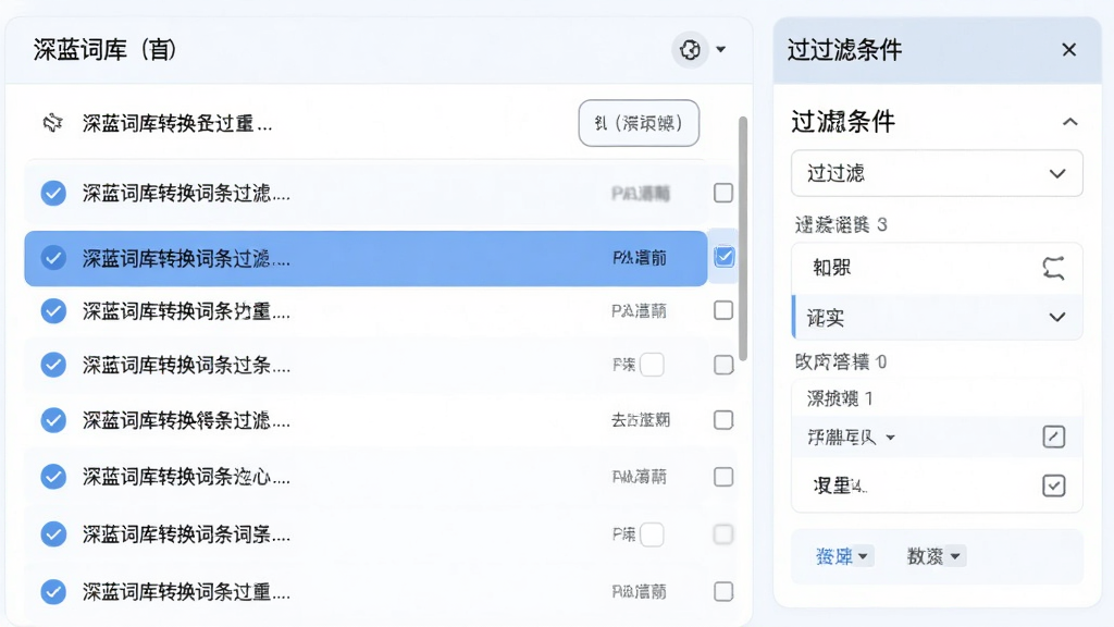 深蓝词库转换词条过滤与去重功能示意图,画面展示词库列表中有部分词条被勾选或取消勾选,旁边有过滤条件设置面板,整体风格清新浅色,画质清晰,干净无多余元素