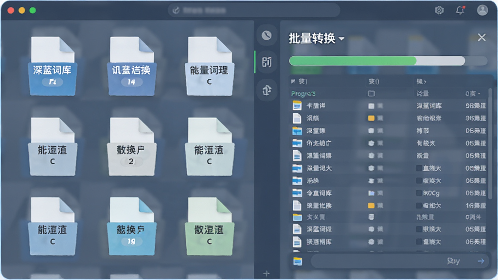 深蓝词库转换批量处理功能示意图,画面展示多个词库文件图标排列整齐,通过软件界面进行批量转换操作,界面显示进度条和文件列表,风格清爽简洁,画质清晰,干净无多余元素
