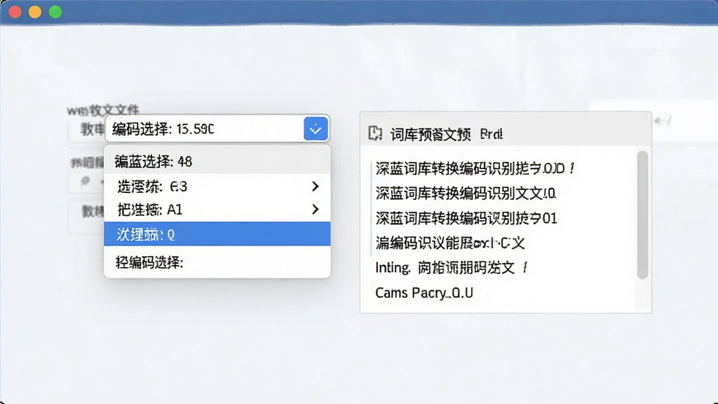 深蓝词库转换编码识别功能展示图,画面中央显示软件编码选择下拉菜单,旁边有词库文件预览区域,文字清晰可读,整体风格素雅极简,画质清晰,干净无多余元素