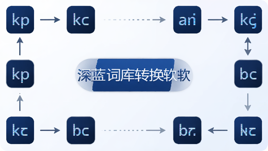 深蓝词库转换多格式互转功能展示图,画面中排列多个输入法图标,图标之间有箭头连接表示转换关系,中央显示深蓝词库转换软件名称,背景为浅色渐变,风格简洁商务,画质清晰,干净无多余元素