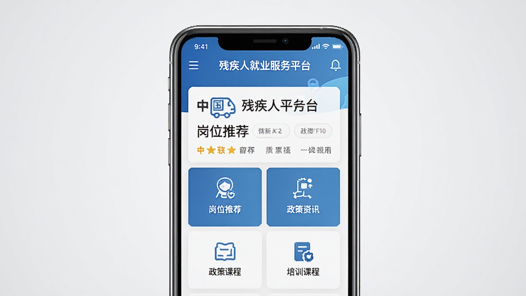 中国残联就业软件主界面截图,画面中央展示一部智能手机,屏幕内呈现蓝白色调的残疾人就业服务平台首页,包含岗位推荐、政策资讯、培训课程等模块图标,背景为简洁的浅灰色渐变,整体风格商务专业,画质清晰干净,无多余元素