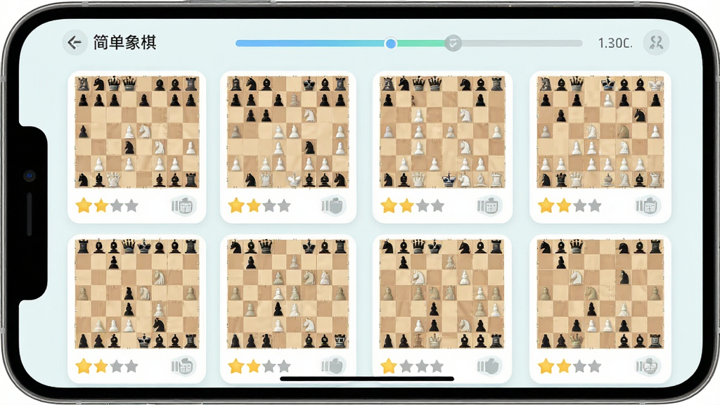 主体为手机屏幕展示象棋残局关卡选择界面,布局为网格状关卡缩略图排列、顶部显示关卡进度,排版整齐有序,风格为清新浅色UI设计,细节包括每关的棋子布局缩略图、星级评价图标、解锁状态标识,画质高清干净无多余元素,画面中带有“简单象棋”文字标识