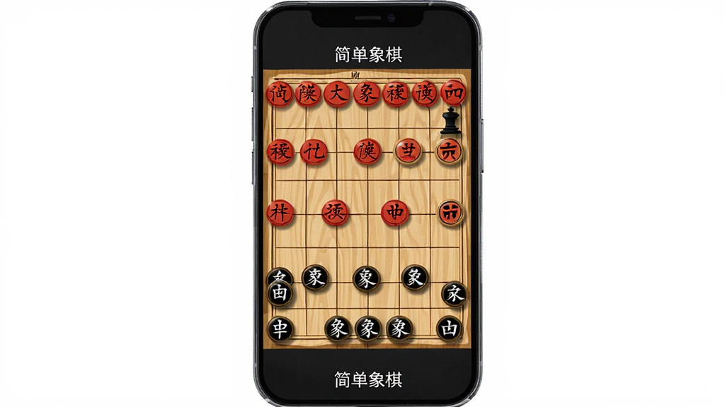主体是一个竖屏手机展示中国象棋棋盘,布局为手机居中放置,棋盘上摆放红黑双方棋子,排版简洁明了,风格为扁平化数字插画,细节包括木质纹理棋盘、圆形棋子上的楷体汉字、柔和阴影,画质高清干净无多余元素,画面中带有“简单象棋”文字标识