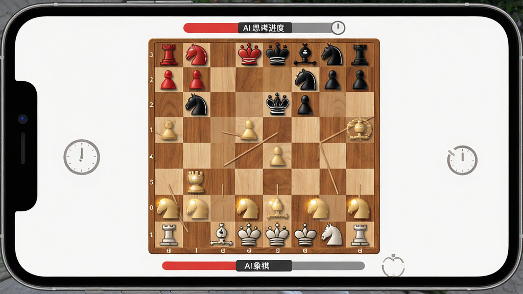 主体为手机屏幕显示象棋对局界面,布局为棋盘占据屏幕中央、上下方分别显示红黑双方剩余棋子与计时信息,排版对称整齐,风格为现代扁平化UI设计,细节包括木质棋盘纹理、棋子高光质感、AI思考进度条,画质高清干净无多余元素,画面中带有“简单象棋”文字标识