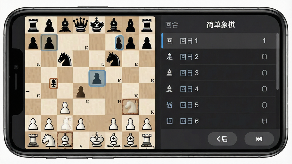 主体为手机屏幕展示象棋棋谱复盘界面,布局为左侧棋盘右侧走子记录列表,排版清晰分明,风格为商务简约UI设计,细节包括棋盘上的高亮标记、走子列表中的回合编号、前进后退按钮,画质高清干净无多余元素,画面中带有“简单象棋”文字标识