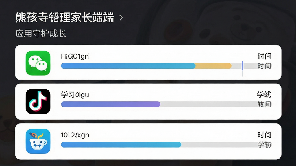 熊孩子守护成长-家长端 功能界面 主题 应用时长管理 布局 列表展示各应用图标与时间条 排版 左侧图标右侧时间轴 风格 扁平化清爽 细节 显示微信 抖音 学习软件 画质 高清 干净 无多余元素