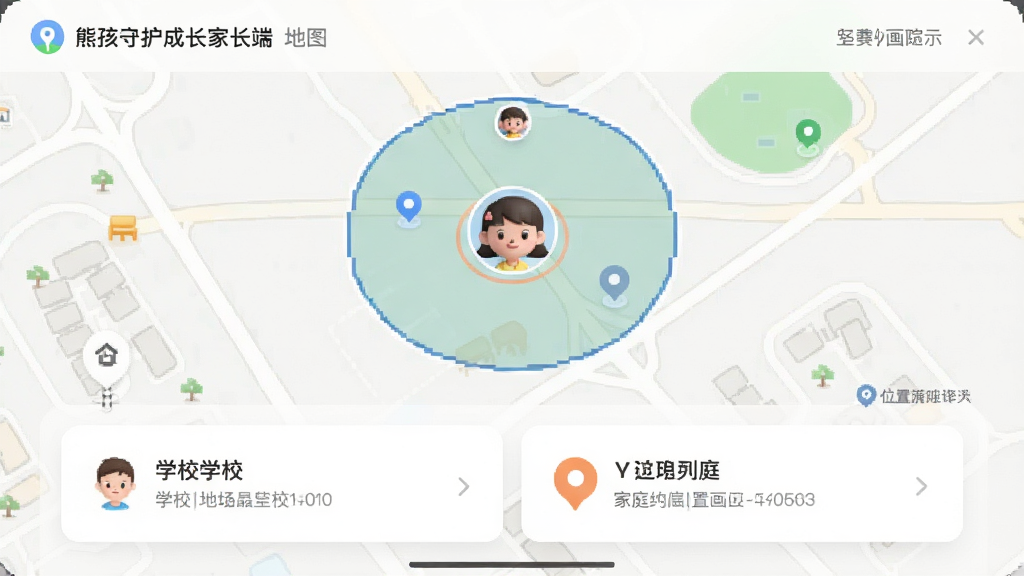 熊孩子守护成长-家长端 地图界面 主题 位置追踪 布局 地图上显示孩子头像与安全区域圈 排版 上方地图下方信息卡 风格 现代简约 细节 显示学校与家庭地址标记 画质 高清 干净 无多余元素