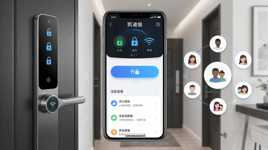 ����������APP������չʾ���ֻ���Ļ���У���Ļ����ʾ������������ҳ�棬������״̬ͼ�ꡢ������ť����Ϣ�����б�������Ϊ�ִ��Ҿ����س����������һ����������ʵ��Ҳ��м�ͥ��Աͼ�껷�ƣ����岼�����ҶԳƣ����Ϊ�Ƽ���Լ�磬ϸ�ڰ�����ɫ���䰴ť������ͼ�ꡢWiFi�źű�ʶ�����ʸ��壬�ɾ����޶���Ԫ��