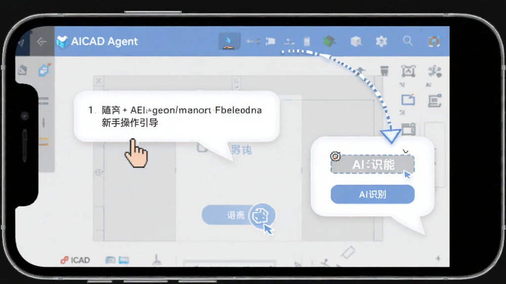 AICAD Agent 新手操作引导界面,手机屏幕显示分步提示气泡,指引用户点击导入按钮和AI识别功能,界面顶部有“AICAD Agent”标识,背景为浅灰色工作区,风格清新简洁,排版清晰,画质干净,无多余元素