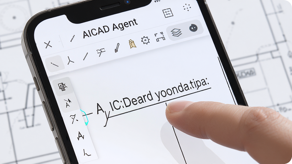 AICAD Agent 移动端编辑操作展示,手指正在触控手机屏幕修改CAD图纸中的标注文字,界面显示工具栏和图层切换按钮,屏幕上方有“AICAD Agent”字样,背景为浅色工作区,风格简洁现代,画质清晰,干净无冗余