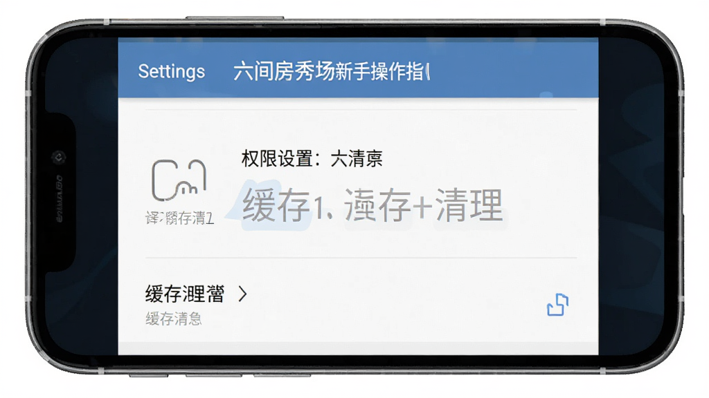 六间房秀场新手操作指引界面,手机屏幕上显示权限设置和缓存清理选项,主体是设置页面,布局为列表式,排版清晰,风格为扁平化,细节包括高亮提示文字,画质高清,干净,无多余元素