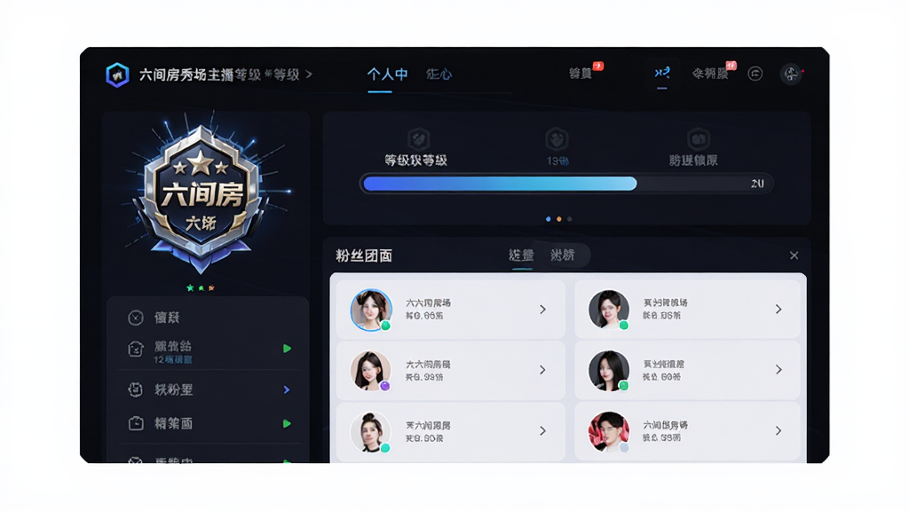 六间房秀场主播等级和粉丝团界面,展示等级徽章和粉丝列表,主体是个人中心页面,布局为上下结构,排版规整,风格为科技感,细节包括等级进度条和粉丝头像,画质高清,干净,无多余元素