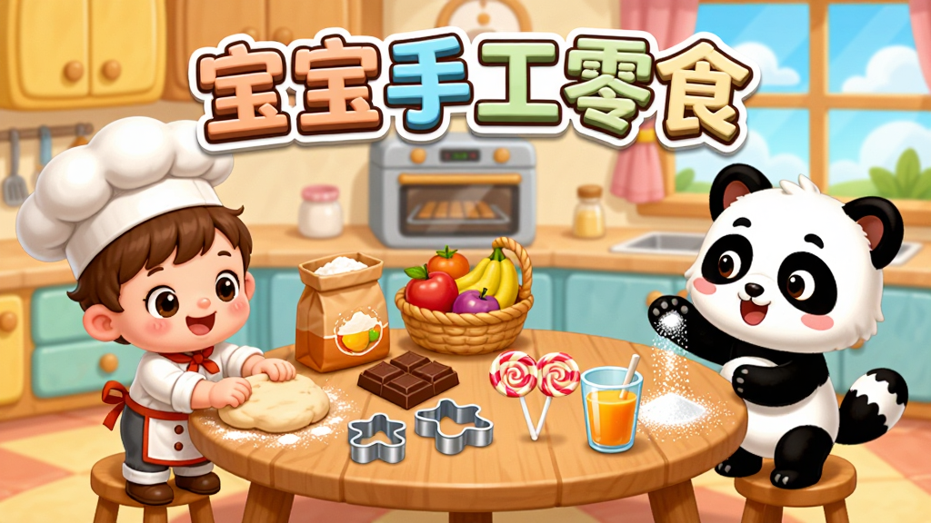 一款儿童手工零食制作模拟手机应用的宣传图,画面主体是一个明亮温馨的卡通厨房场景,中央摆放一张圆形木桌,桌上整齐陈列着面粉袋、水果篮、巧克力块、饼干模具、棒棒糖和一杯果汁,画面左侧是一个穿着厨师服的可爱卡通宝宝正在揉面团,右侧是一个卡通小熊猫在帮忙撒糖粉,布局采用左右对称的构图方式,排版以横向延展为主,风格为色彩鲜艳的Q版卡通插画,细节上厨房背景有橱柜、烤箱和窗户,窗户外面是蓝天白云,画质清晰干净,无多余元素,图片上方用立体卡通字体写着“宝宝手工零食”。