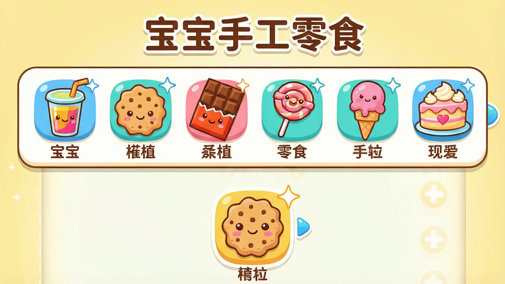 一张展示儿童手机应用内多种零食制作选项的界面截图风格图片,画面主体是一个横向滑动的卡通菜单栏,菜单中排列着果汁杯、饼干、巧克力块、棒棒糖、冰淇淋和奶油蛋糕六个彩色图标,每个图标下方有对应的中文名称标签,布局采用上下结构,上方为菜单栏,下方为当前选中的饼干制作场景,风格为扁平化卡通UI设计,细节上每个图标都带有微笑表情和闪光效果,背景为淡黄色渐变,画质清晰干净,无多余元素,图片顶部用圆润字体写着“宝宝手工零食”。