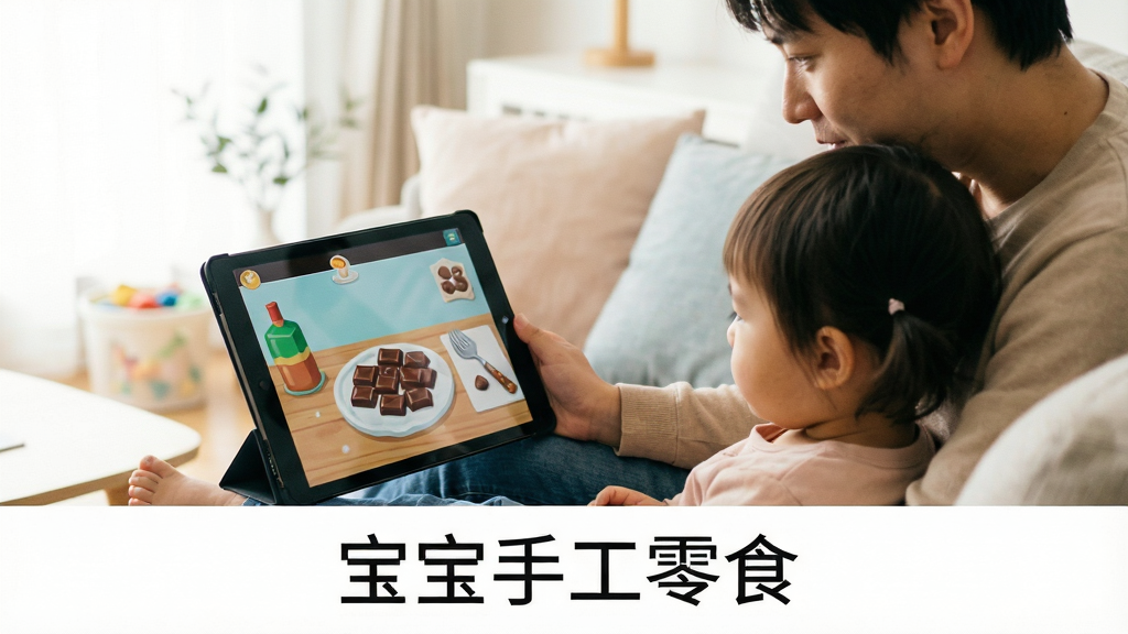 一张展示家长陪同孩子使用平板电脑玩宝宝手工零食的场景图,画面主体是一位成人和一个幼儿并排坐在沙发上,共同注视着一台横向放置的平板电脑,屏幕上显示着巧克力制作界面,布局采用三分法构图,人物位于画面右侧,平板位于左侧,风格为温馨写实的家庭摄影风格,细节上平板屏幕有反光,沙发上有柔软的抱枕,背景是明亮的客厅,画质清晰干净,无多余元素,图片下方用简洁字体写着“宝宝手工零食”。