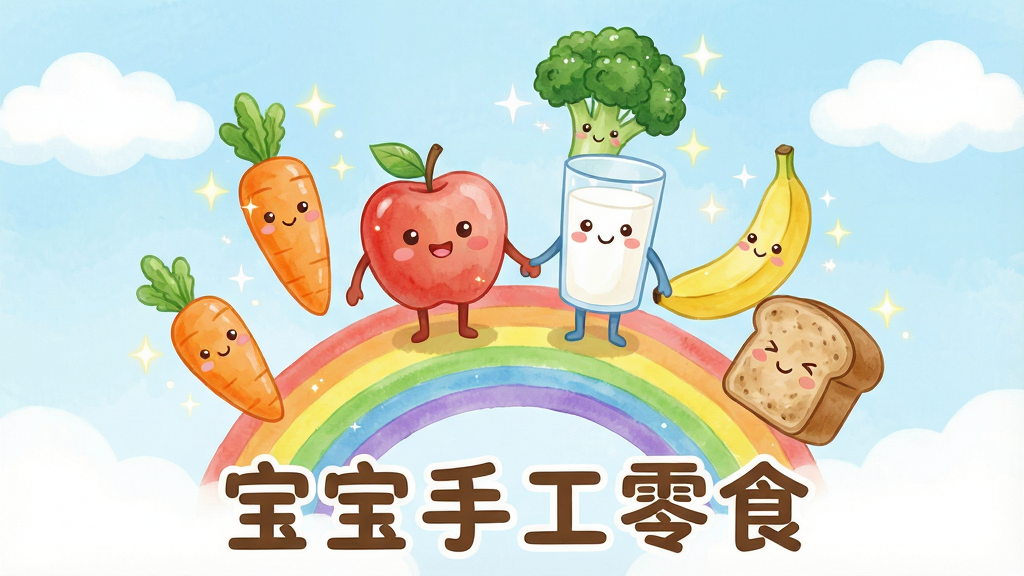一张卡通风格的儿童营养教育插图,画面主体是一个拟人化的苹果和一杯牛奶手拉手站在彩虹上,周围环绕着胡萝卜、西兰花、香蕉和全麦面包等健康食材,布局采用中心放射状构图,排版以圆形环绕为主,风格为柔和的水彩卡通插画,细节上每个食材都带有可爱的笑脸和闪亮的光点,背景为淡蓝色天空和白色云朵,画质清晰干净,无多余元素,图片下方用圆润字体写着“宝宝手工零食”。